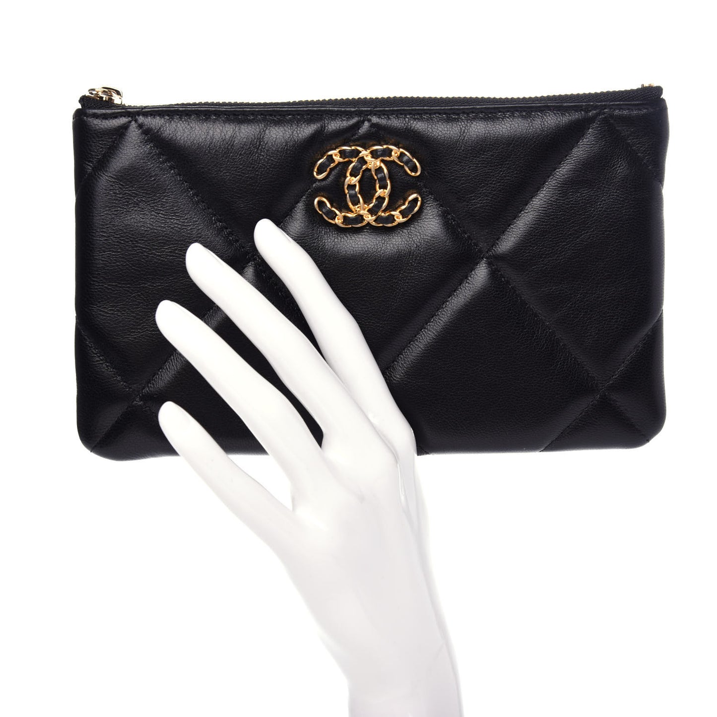 Shiny Goatskin Quilted Small Chanel 19 Pouch Black