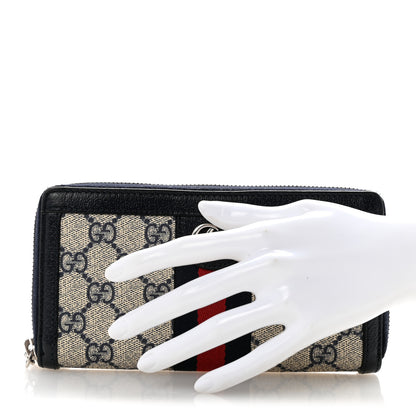 Gucci GG Supreme Monogram Textured Dollar Calfskin Web Ophidia Zip Around Wallet Beige Blue 2 of 11
