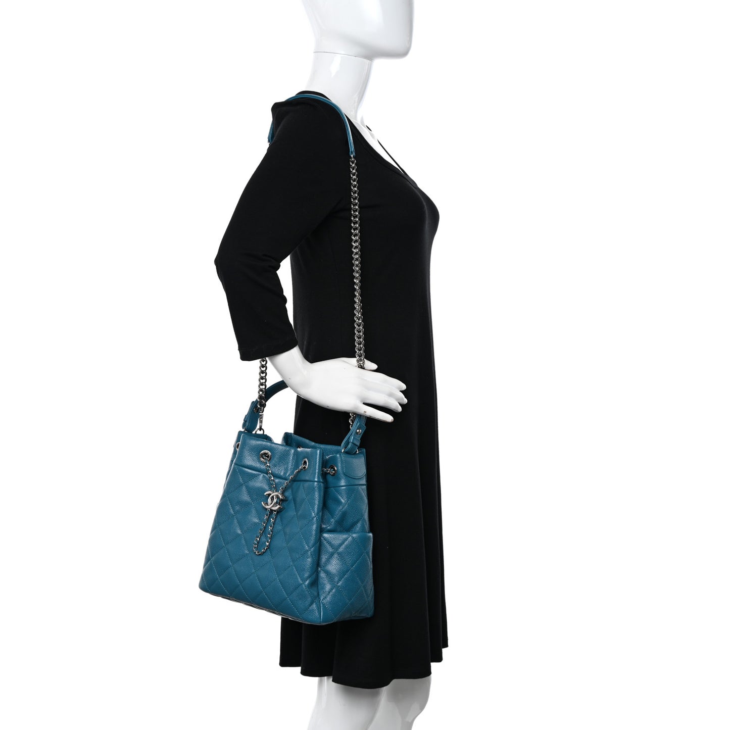 Caviar Flat Quilted CC Chain Bucket Drawstring Bag Blue