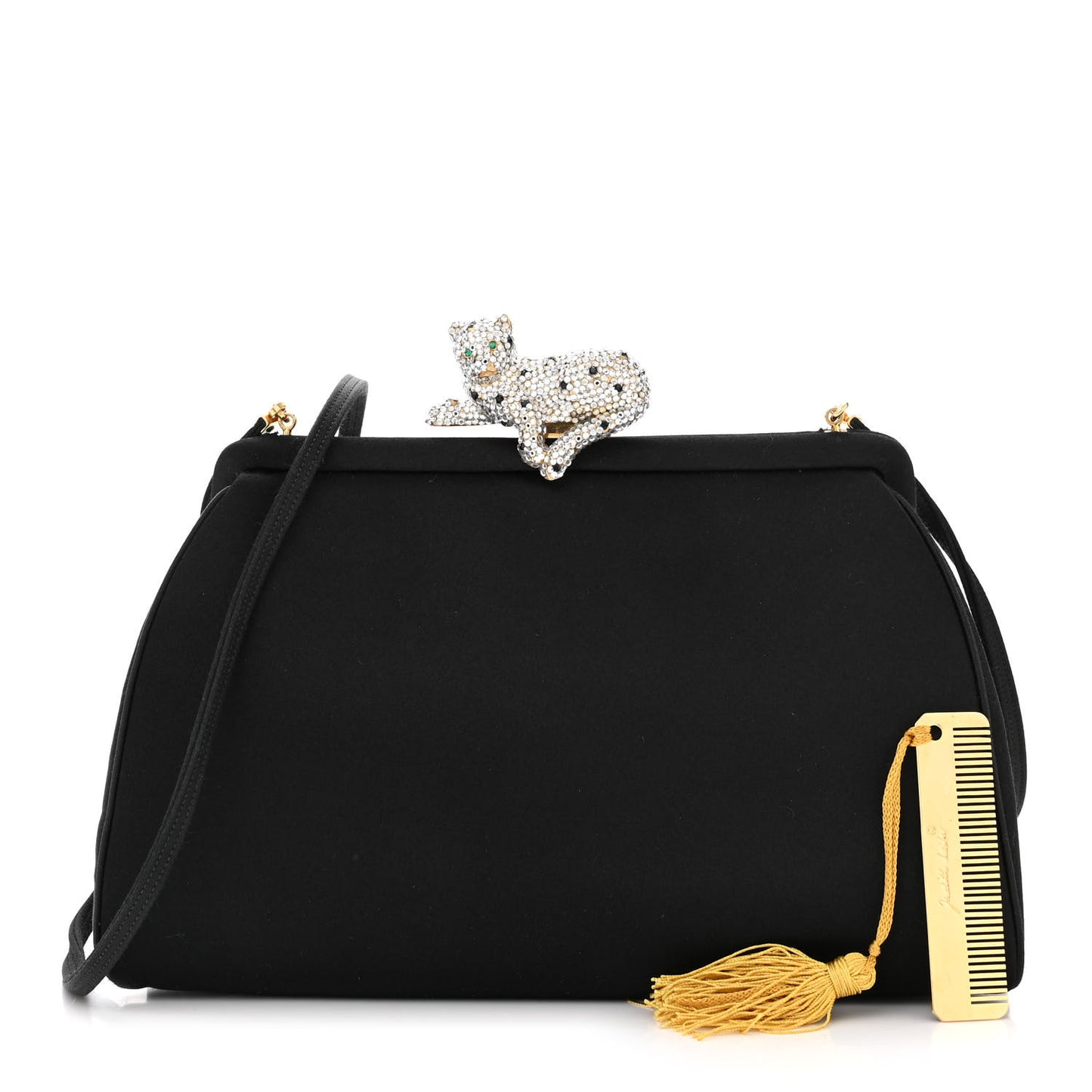 Satin Crystal Panther Clutch Black