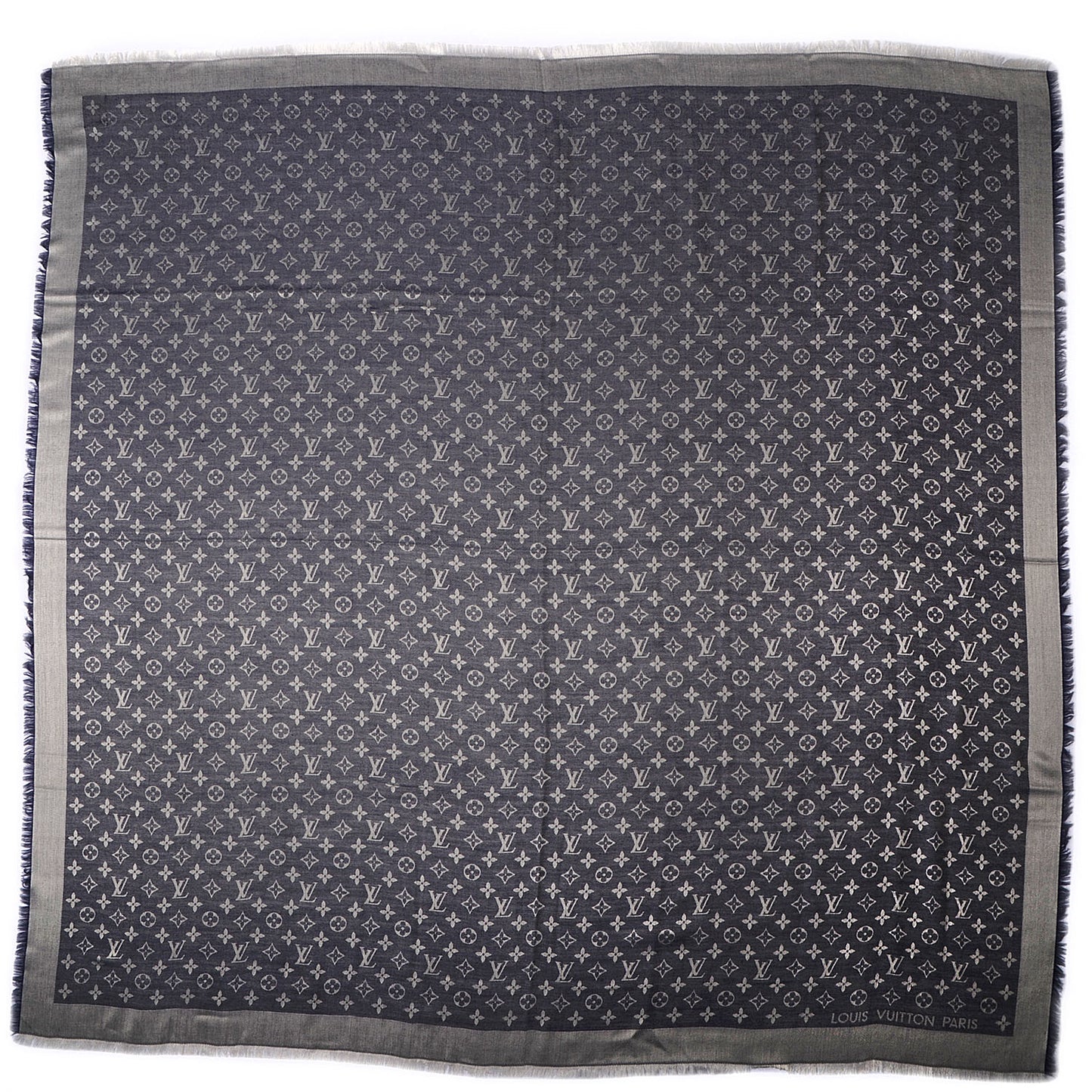 Wool Silk Monogram Denim Shawl Blue