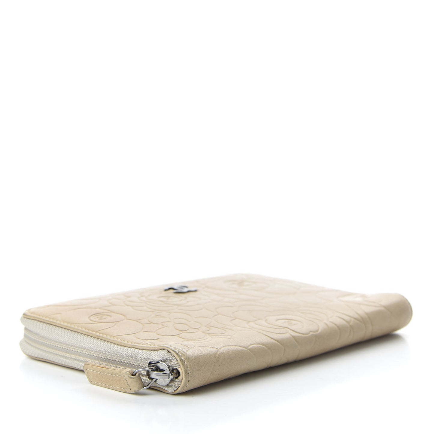Lambskin Camellia Embossed Zip Around Organizer Wallet Light Beige