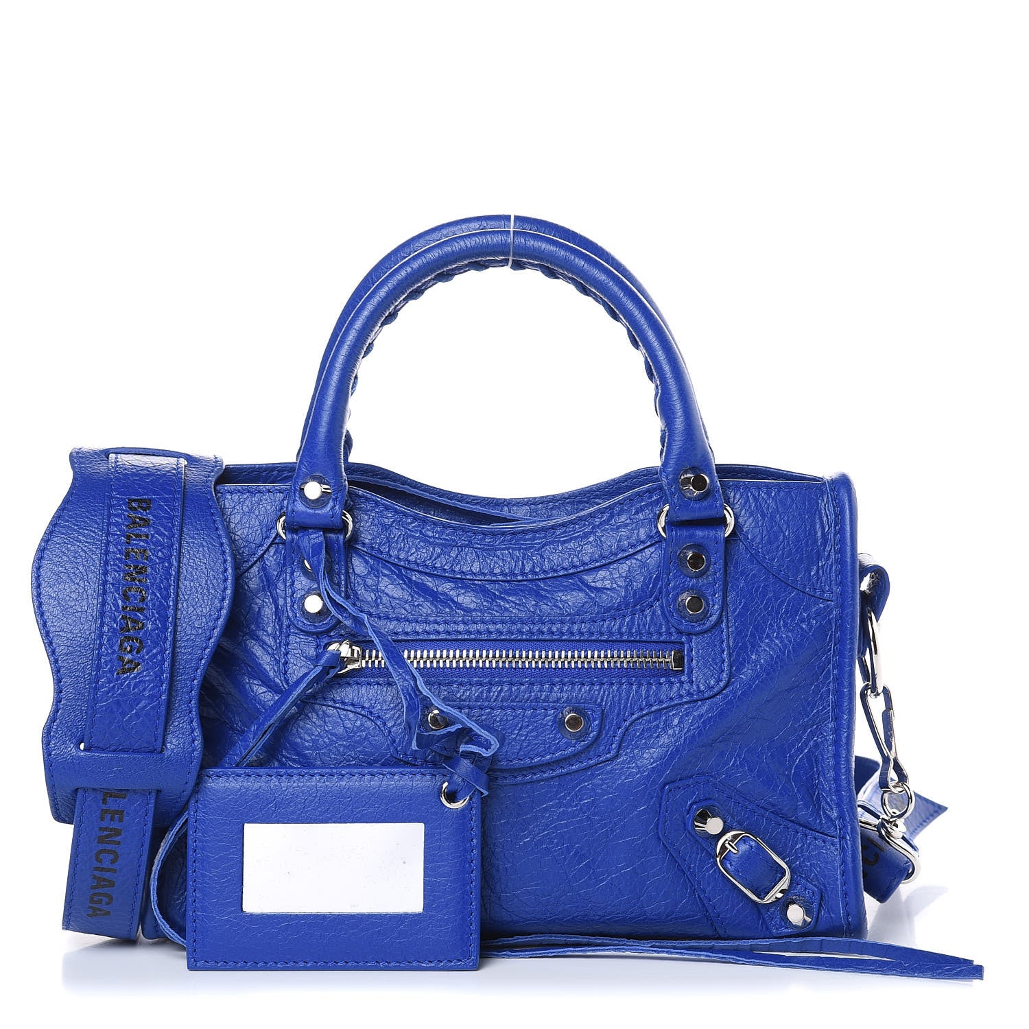 Balenciaga Agneau Classic Silver Hardware Mini City Logo Strap Bleu Electric Black 1 of 10
