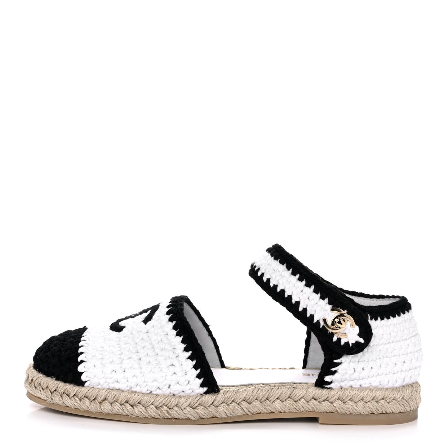 Braided Knit Cap Toe CC Ankle Strap Espadrilles 39 White Black