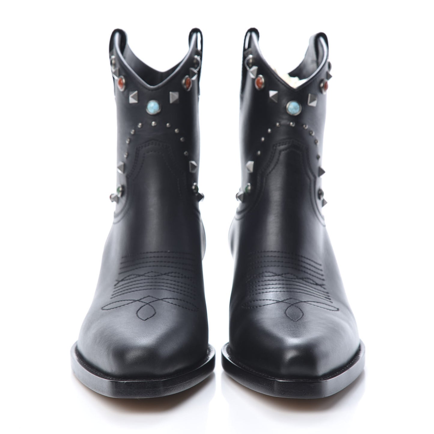 Calfskin Rockstud Rolling Cowboy Ankle Boots 40 Black