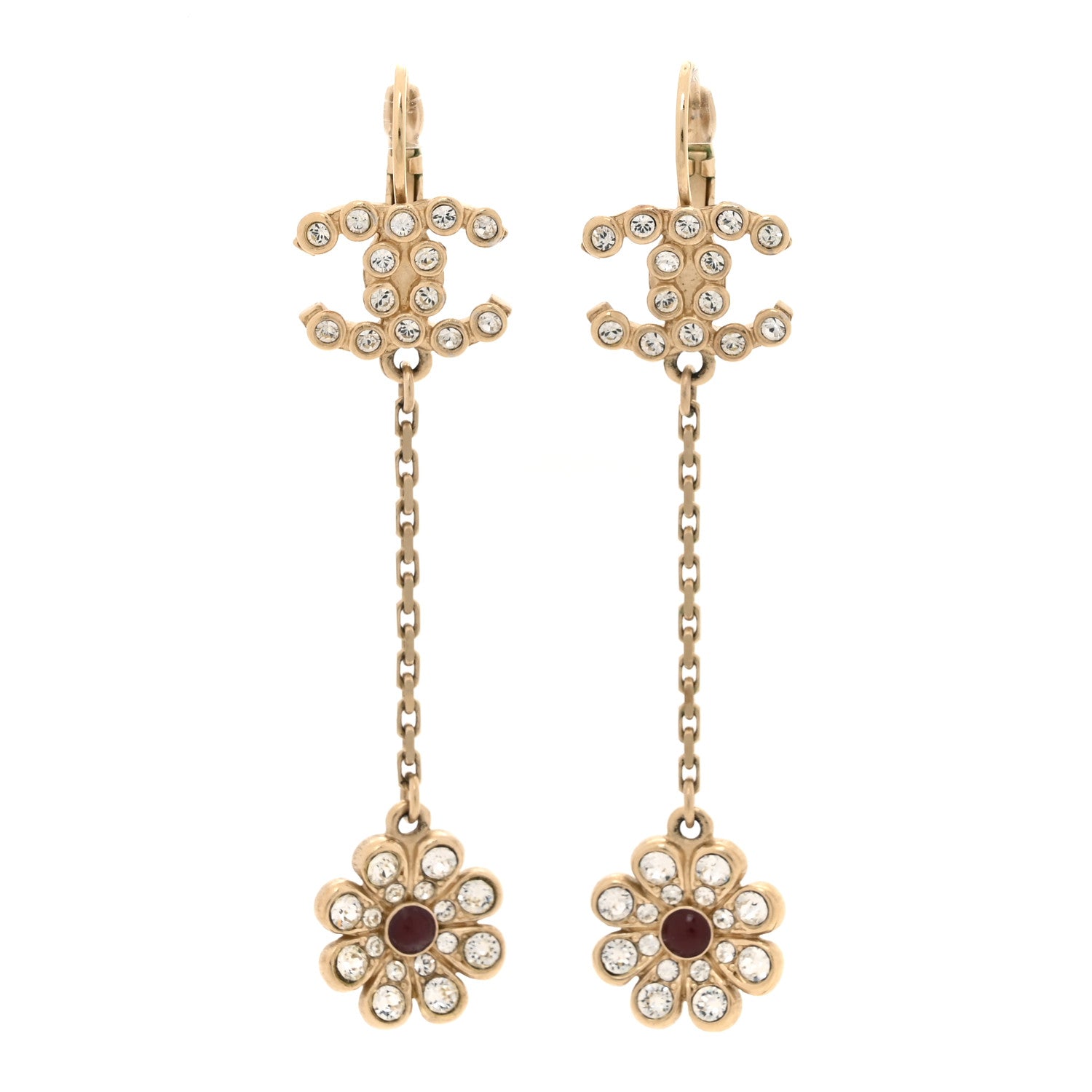 Chanel Crystal CC Flower Drop Earrings Gold 1 of 4