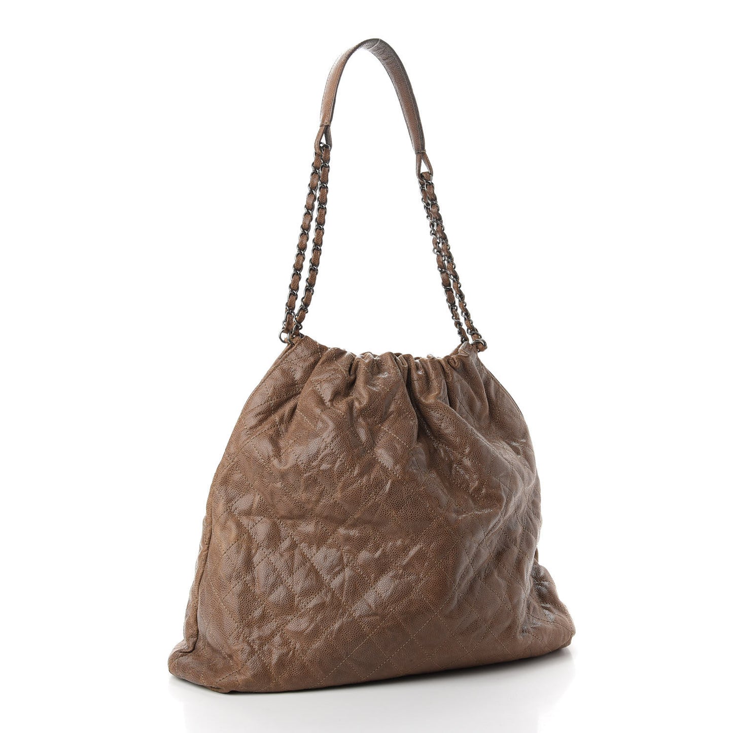 Distressed Glazed Caviar Quilted Large Elastic Tote Brown