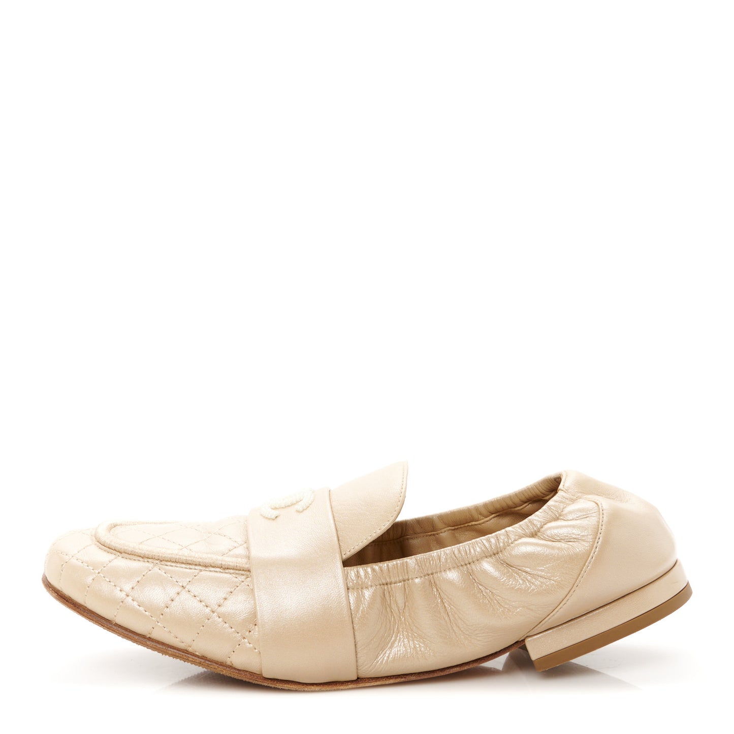 Laminated Lambskin Womens Quilted Elastic CC Moccasin Loafers 37.5 Beige