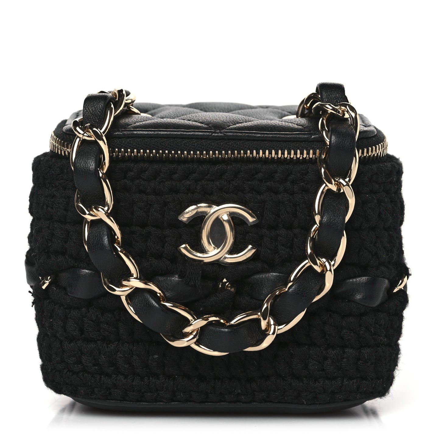 Lambskin Crochet Small Vanity Case With Chain Black