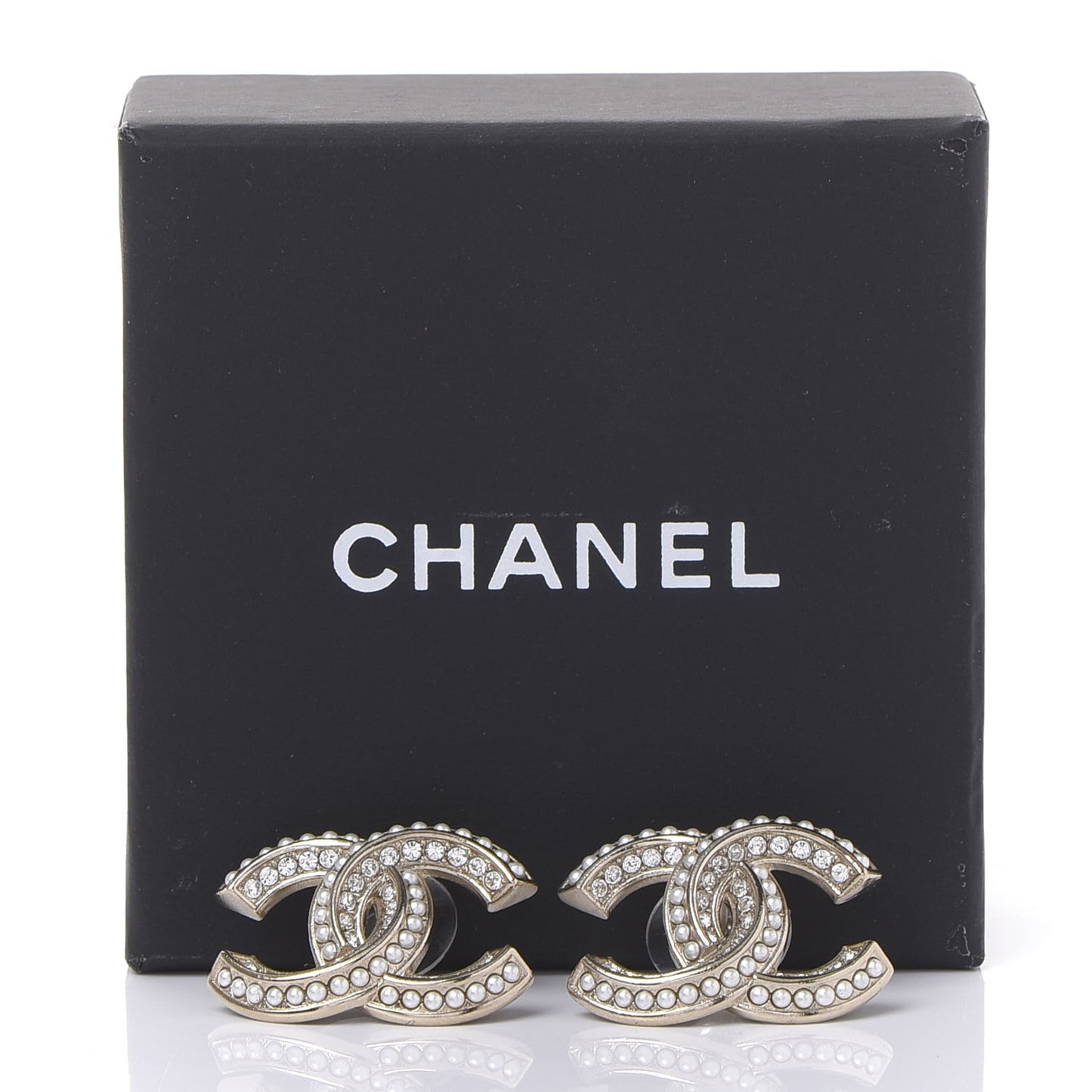 Crystal Pearl Chain Mania CC Earrings Gold