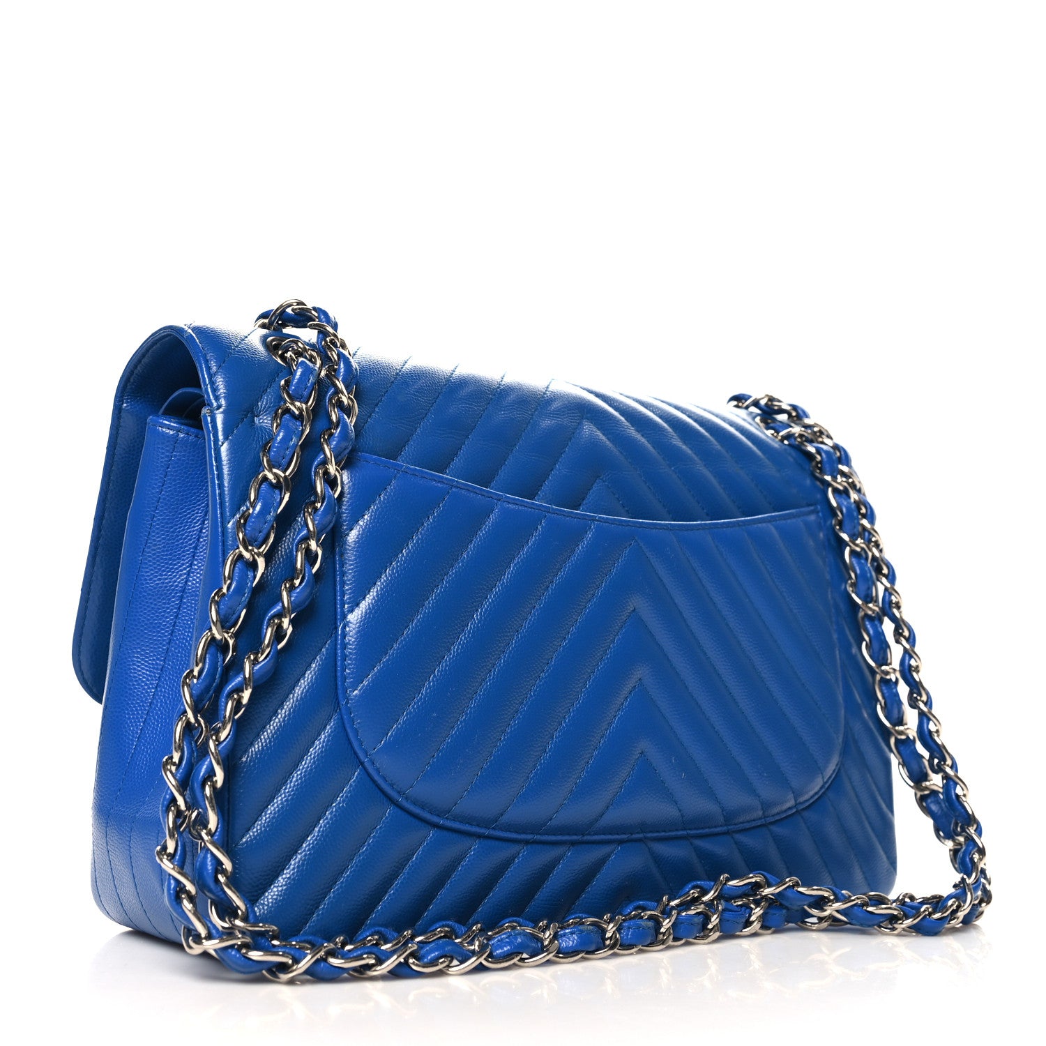 Chanel Caviar Chevron Quilted Jumbo Double Flap Blue 3 of 13