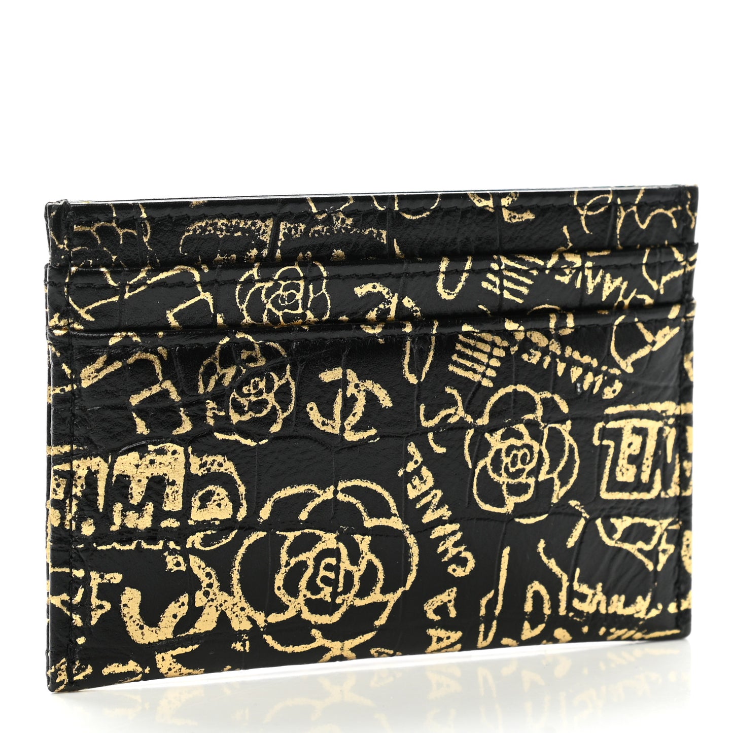 Calfskin Crocodile Embossed Graffiti 2.55 Cocodile Reissue Card Holder Black Gold