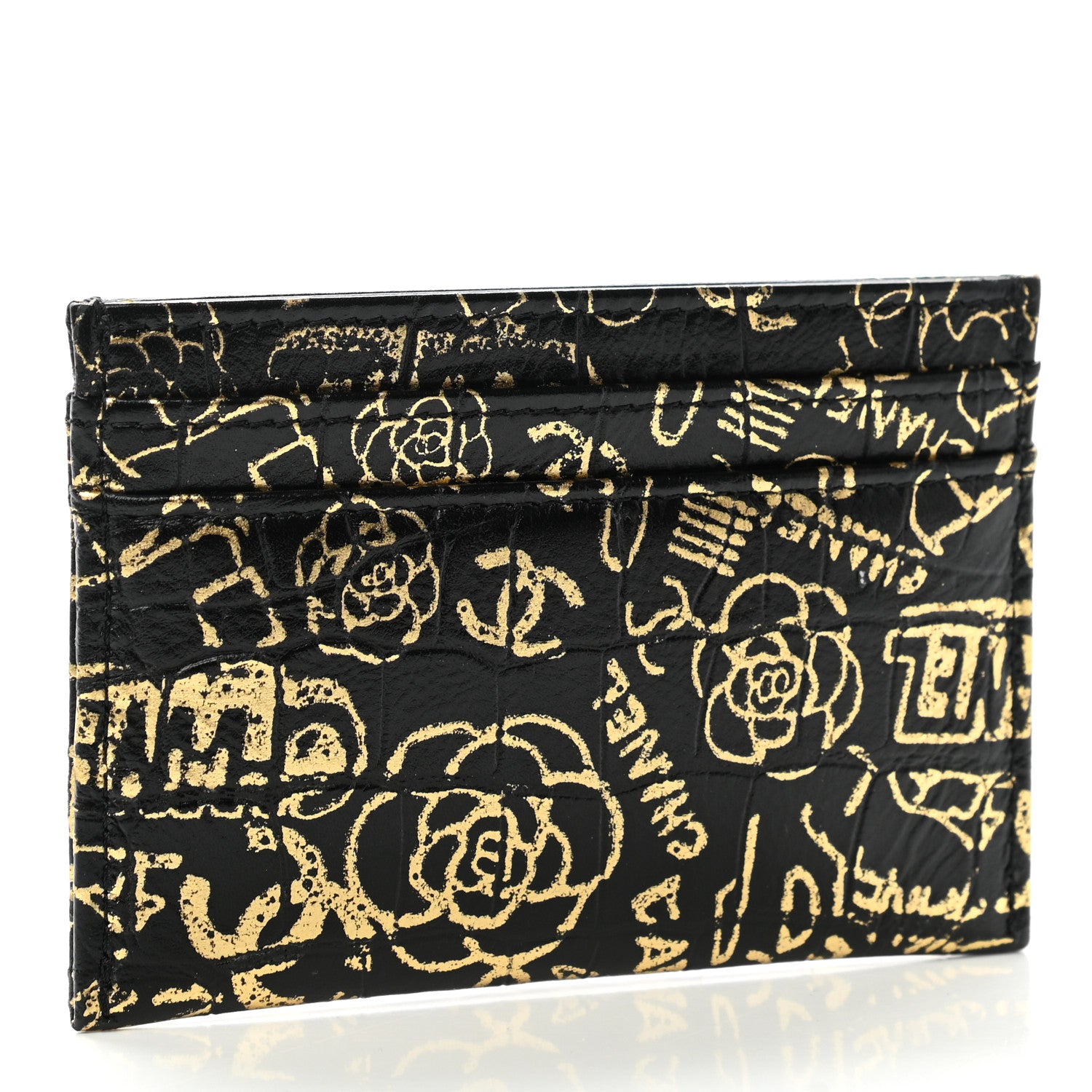 Chanel Calfskin Crocodile Embossed Graffiti 2.55 Cocodile Reissue Card Holder Black Gold 3 of 8