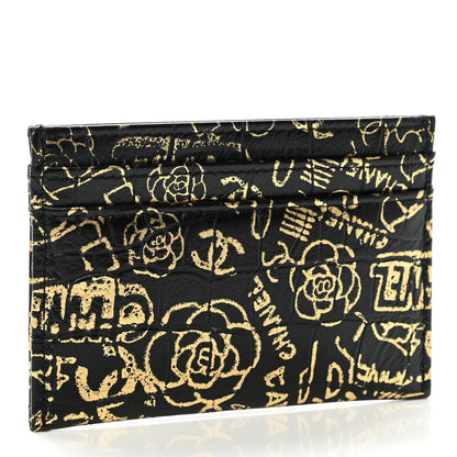 Chanel Calfskin Crocodile Embossed Graffiti 2.55 Cocodile Reissue Card Holder Black Gold 3 of 8