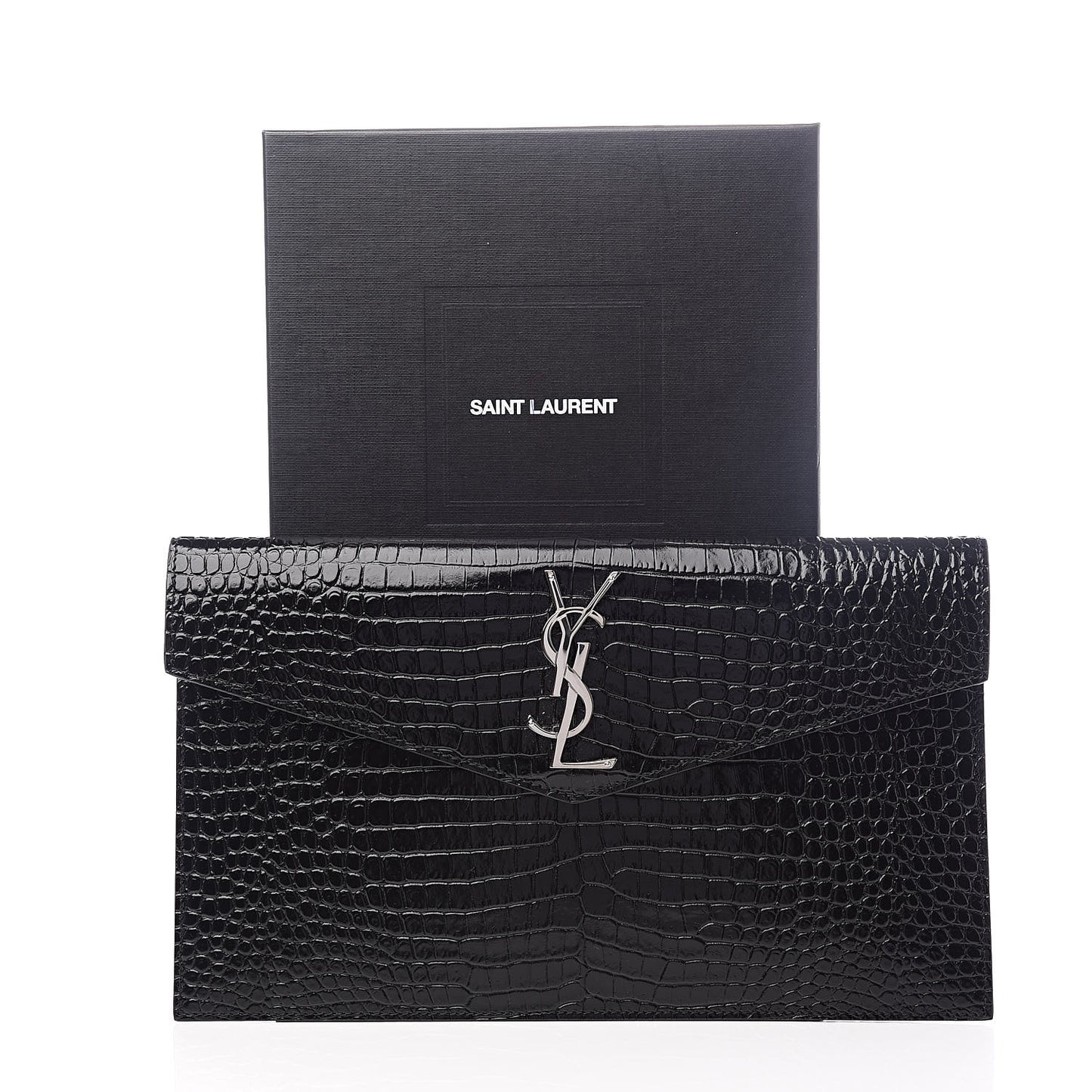 Calfskin Crocodile Embossed Uptown Monogram Clutch Black