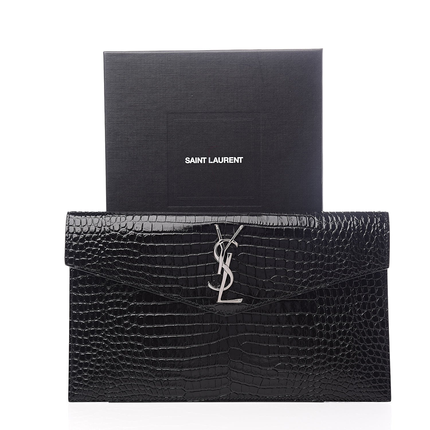 Saint Laurent Calfskin Crocodile Embossed Uptown Monogram Clutch Black 9 of 9