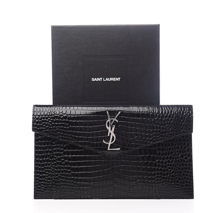 Saint Laurent Calfskin Crocodile Embossed Uptown Monogram Clutch Black 9 of 9