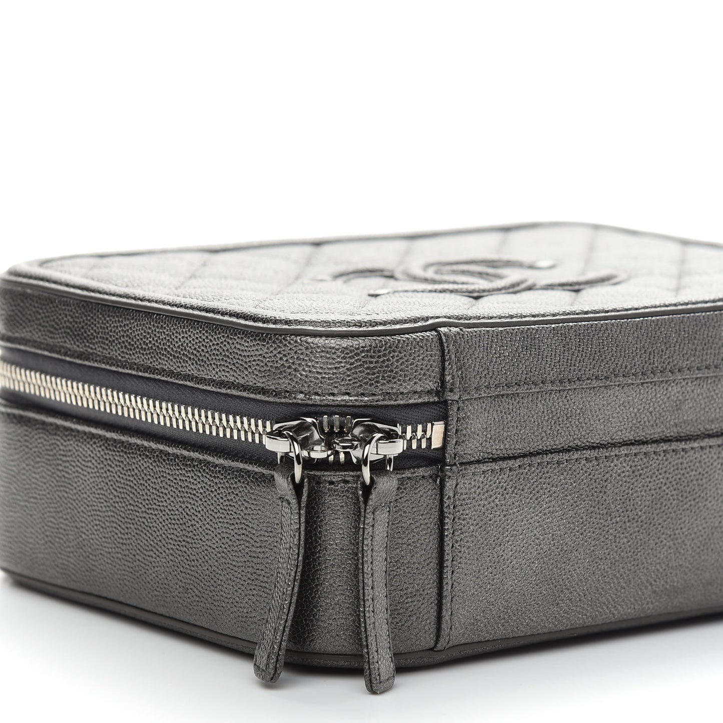 Metallic Caviar Quilted Medium CC Filigree Vanity Case Dark Silver