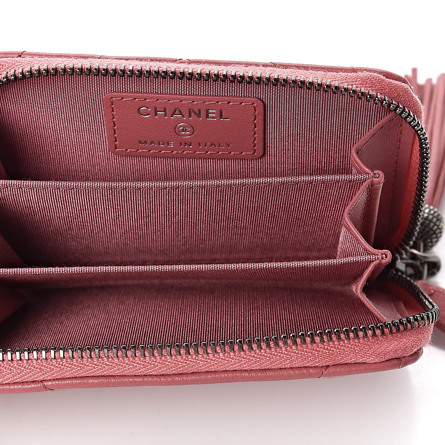 Calfskin Chevron Quilted Tassel Zip Around Coin Purse Pink