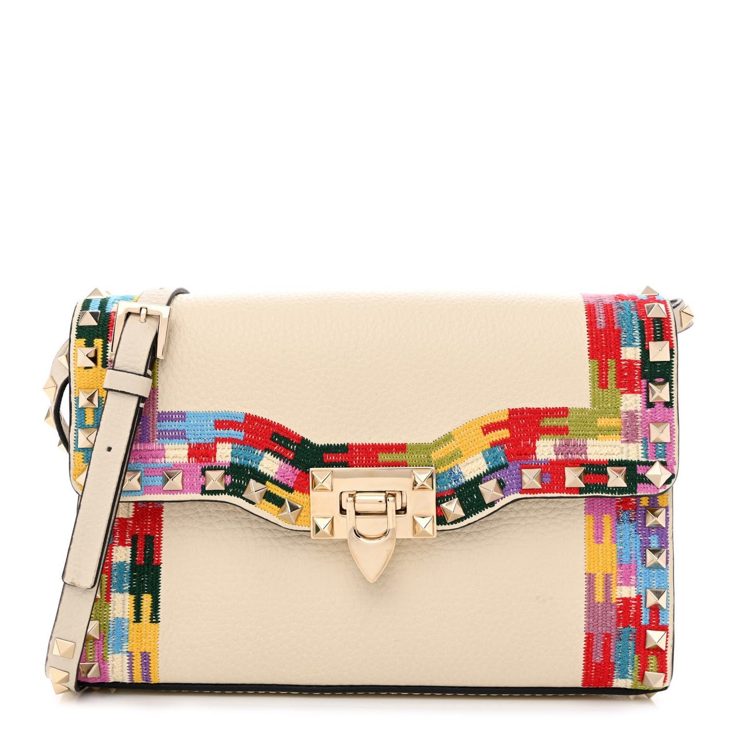 Pebbled Calfskin Embroidered Medium Rockstud Flip Lock Crossbody Bag Ivory