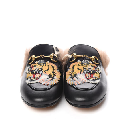 Gucci Calfskin Lambswool Tiger Embroidered Womens Princetown Slippers 36 Black 2 of 8