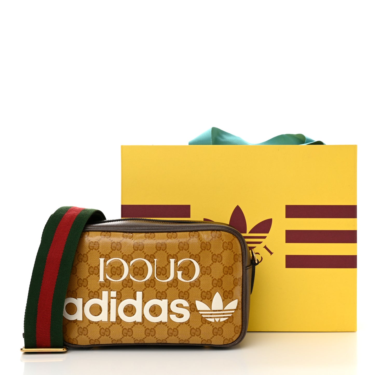 X ADIDAS Crystal Vintage Monogram Textured Dollar Calfskin Web Trefoil Logo Small Messenger Bag Mid Natural Nut Off White New Acero