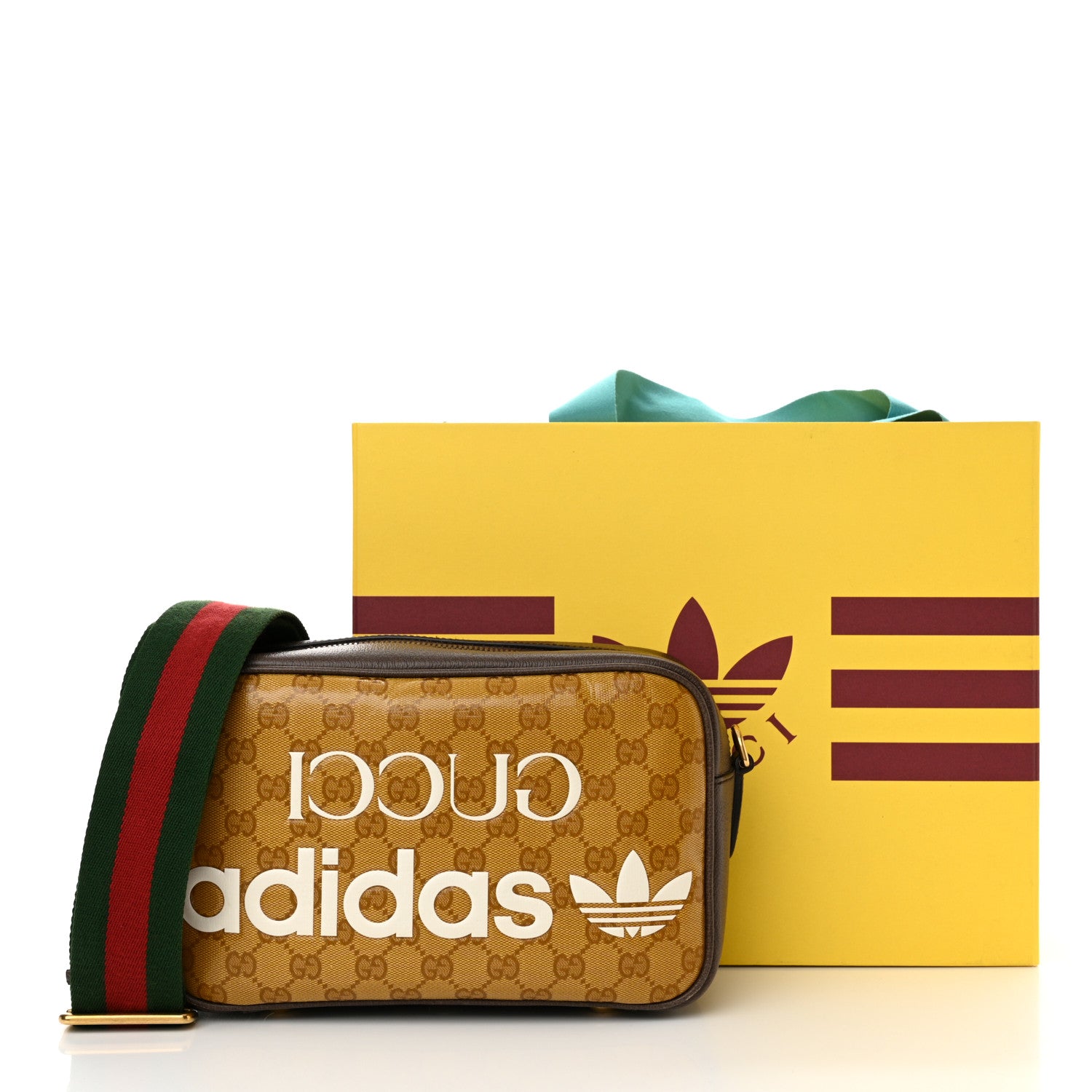 Gucci X ADIDAS Crystal Vintage Monogram Textured Dollar Calfskin Web Trefoil Logo Small Messenger Bag Mid Natural Nut Off White New Acero 12 of 12