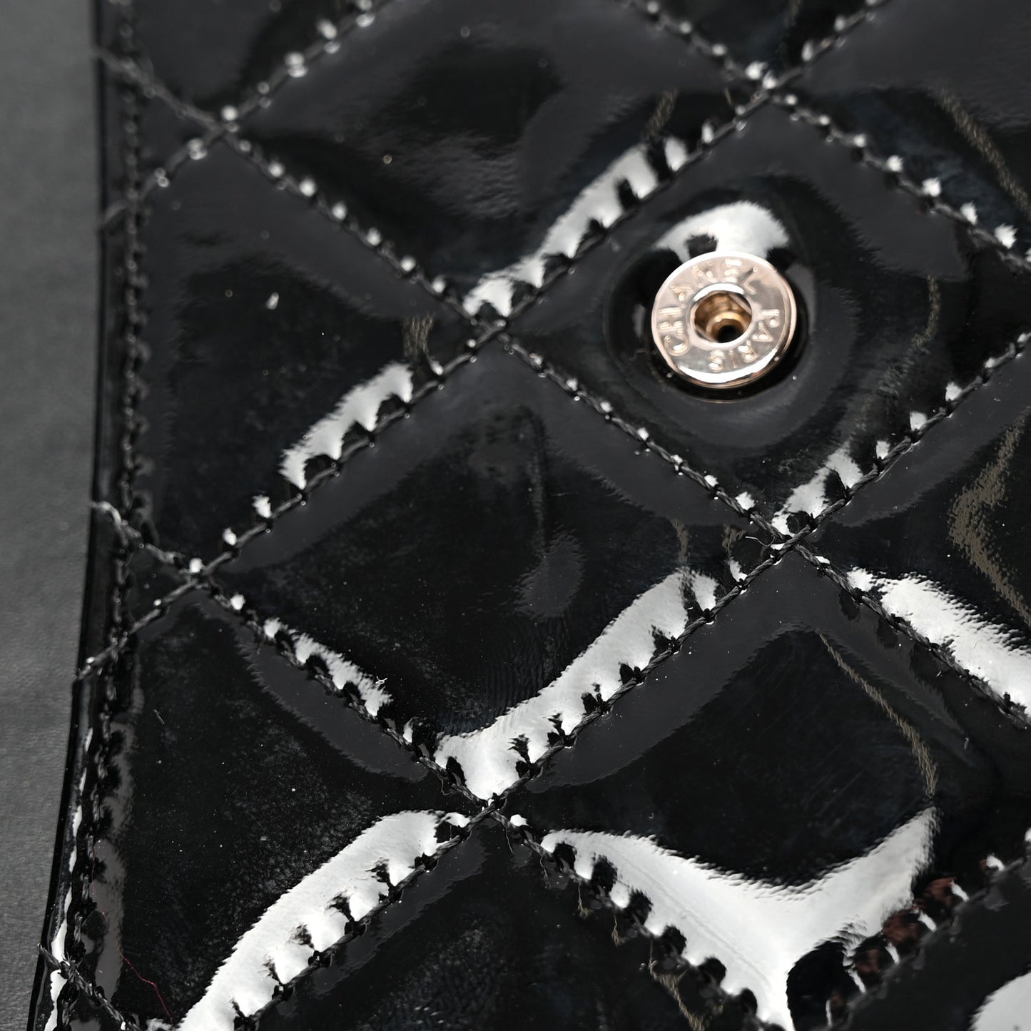 Patent Calfskin Quilted Small Flap Wallet Black