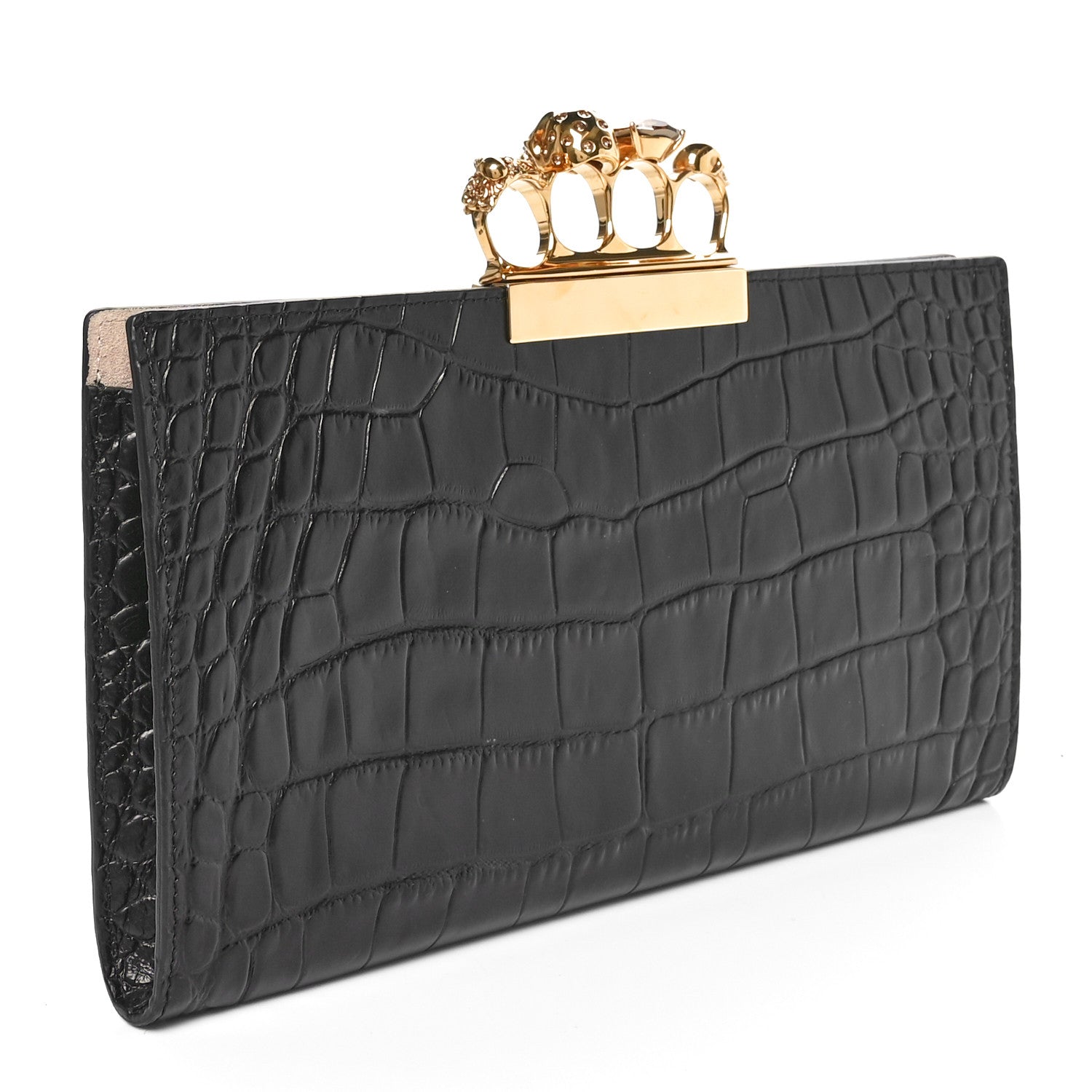 Alexander McQueen Calfskin Crocodile Embossed Knuckle Flat Clutch Black Gold 3 of 10
