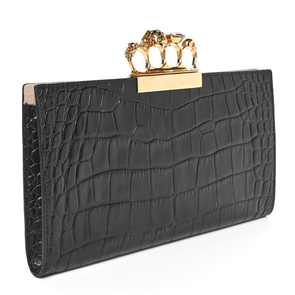 Alexander McQueen Calfskin Crocodile Embossed Knuckle Flat Clutch Black Gold 3 of 10