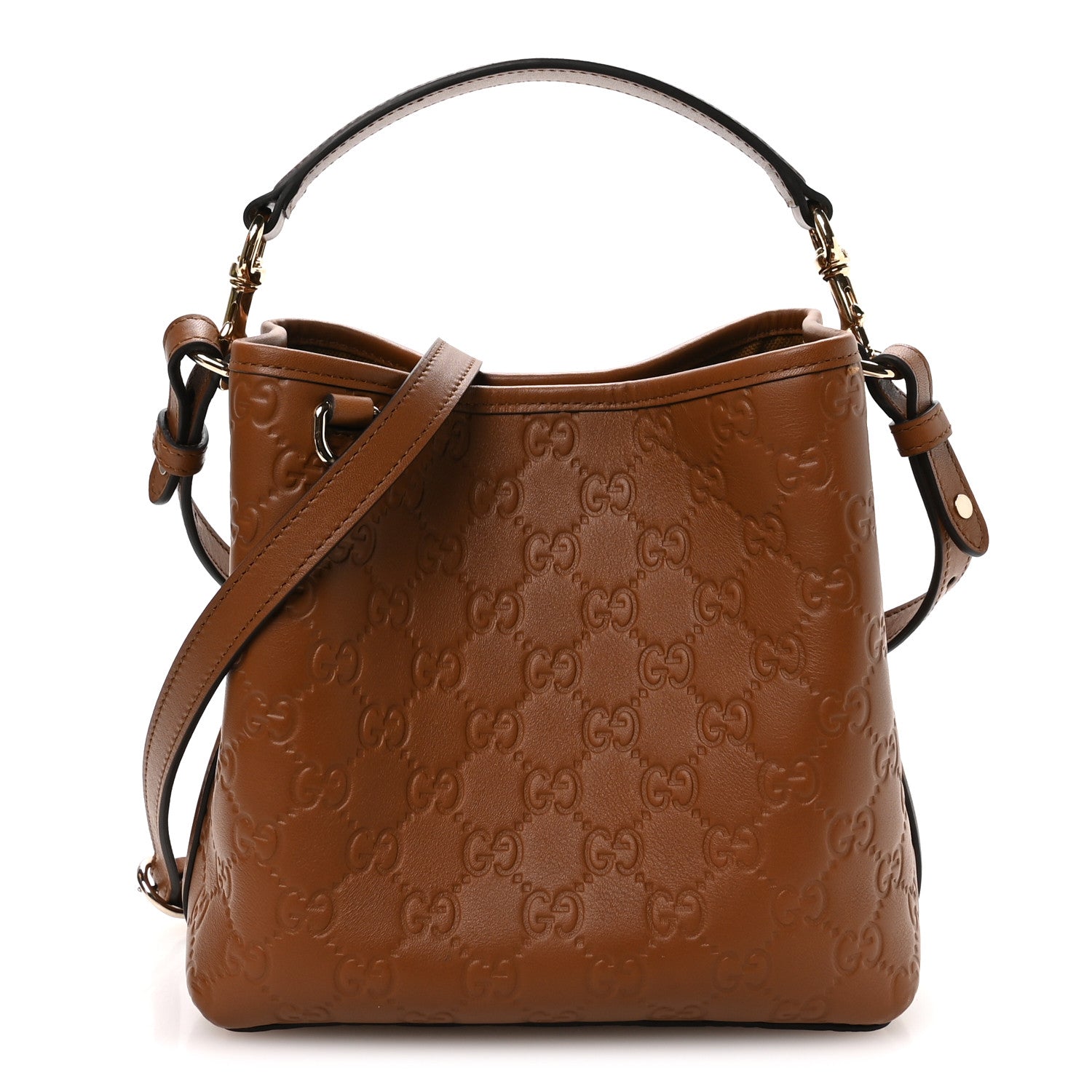 Gucci GG Calfskin Embossed Emblem Small Bucket Bag Brown 1 of 10