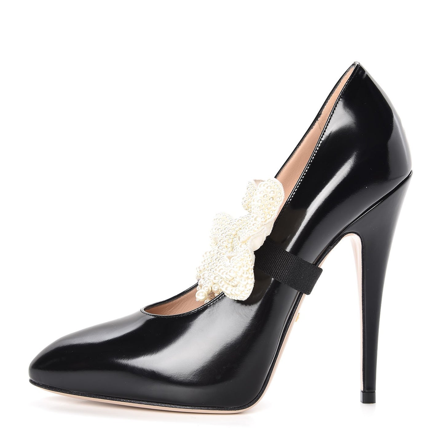 Polished Calfskin Removable Pearly Bow Elaisa Platform High Heel Pumps 36 Black