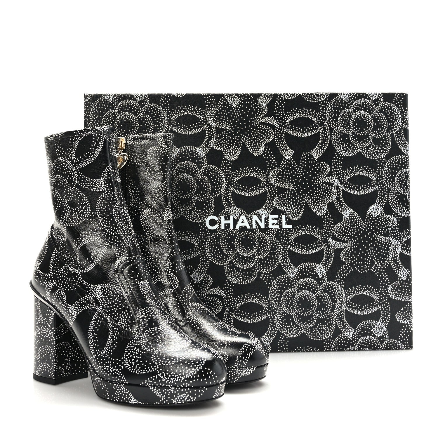 Chanel Calfskin Camellia Printed Ankle Boots 36.5 Black White 8 of 8