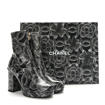Chanel Calfskin Camellia Printed Ankle Boots 36.5 Black White 8 of 8