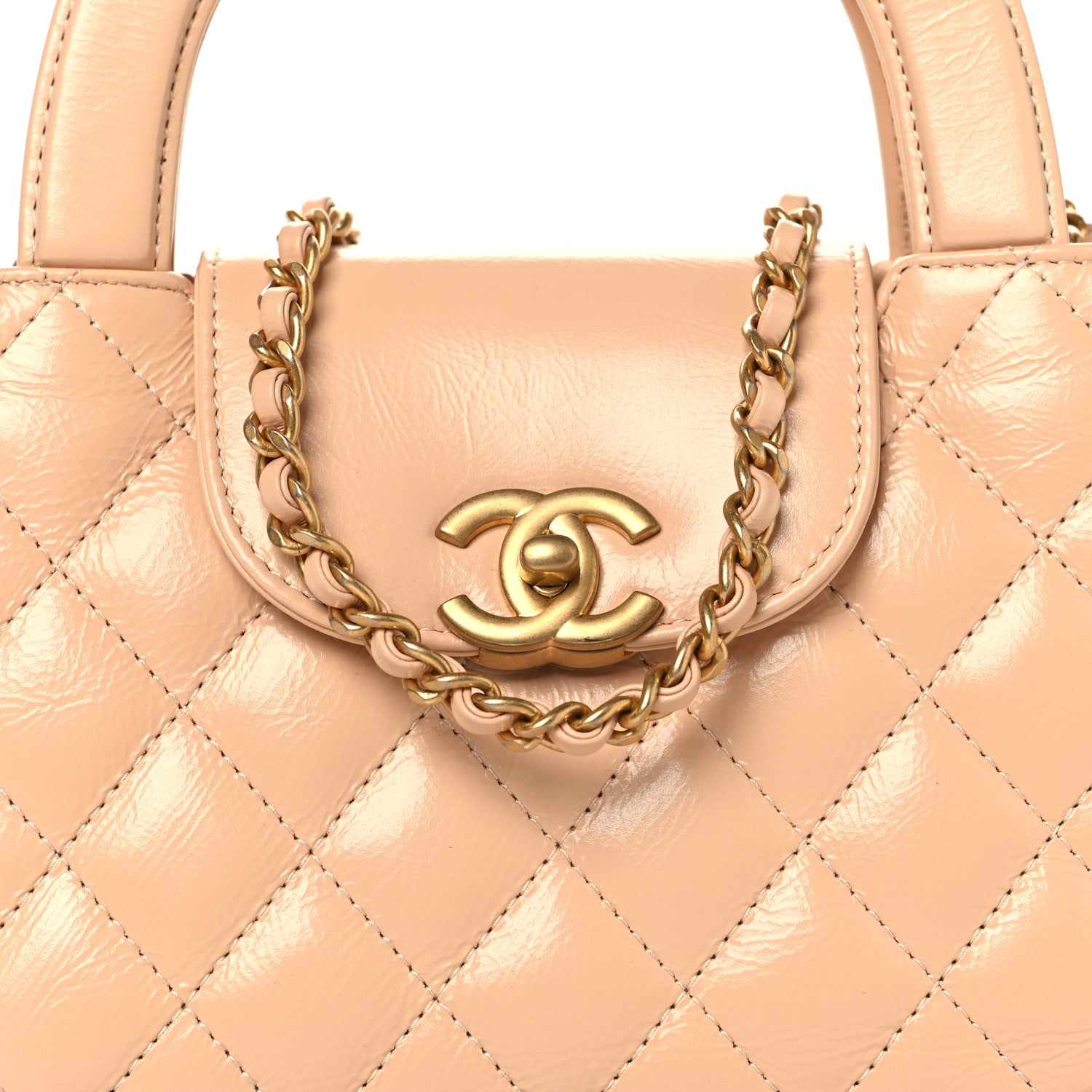 Chanel Shiny Aged Calfskin Quilted Nano Kelly Shopper Beige