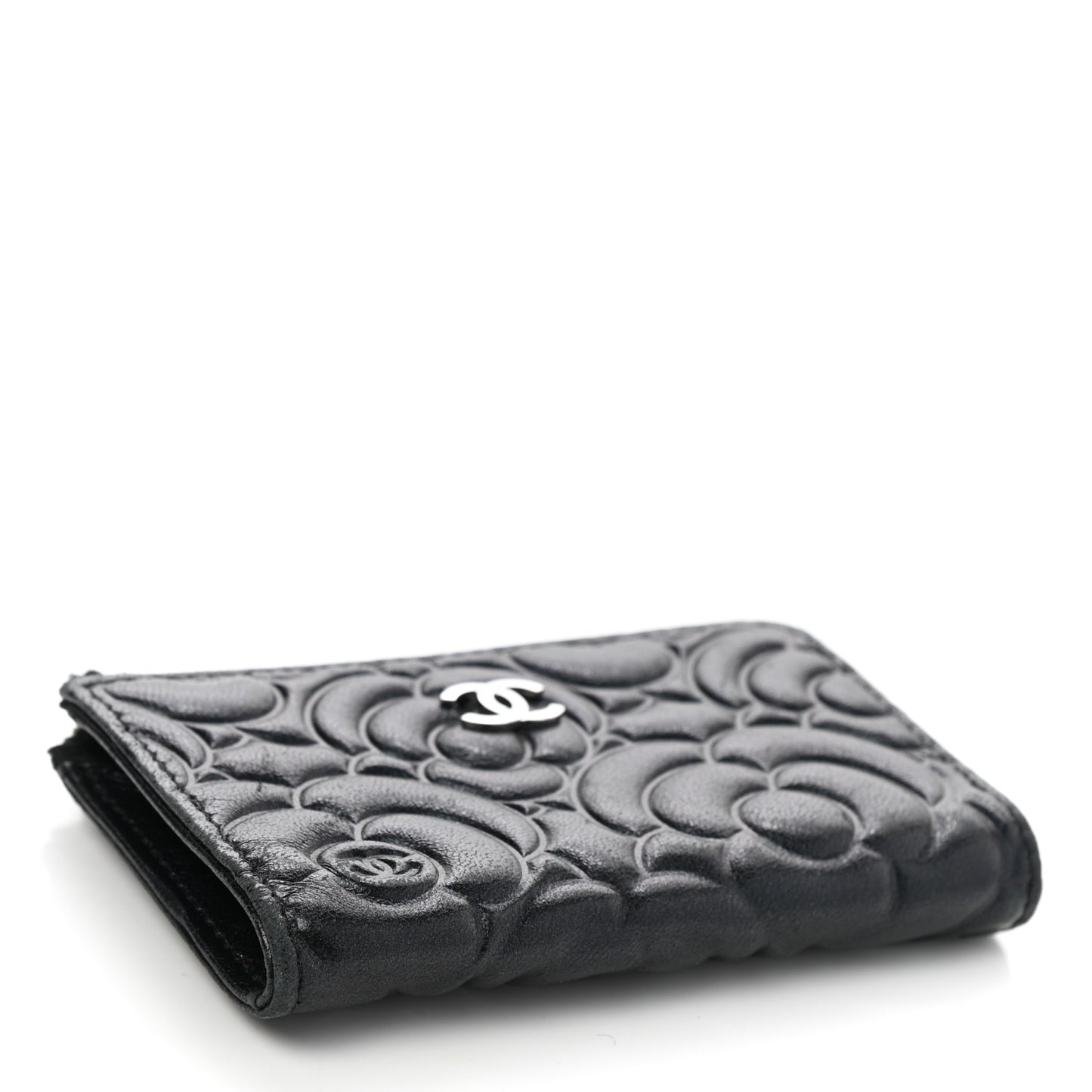 Lambskin Camellia Embossed Key Holder Case Black