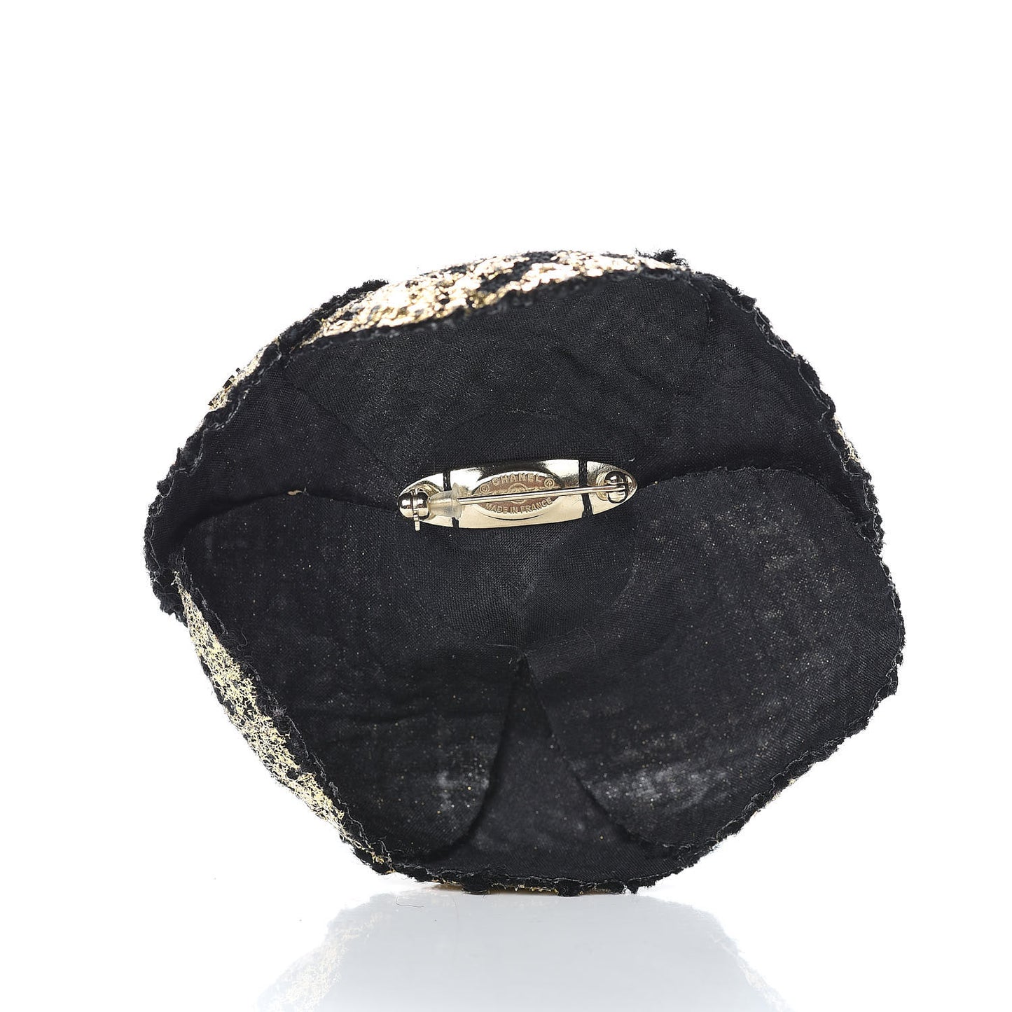 Metallic Tweed Camellia Brooch Gold Black
