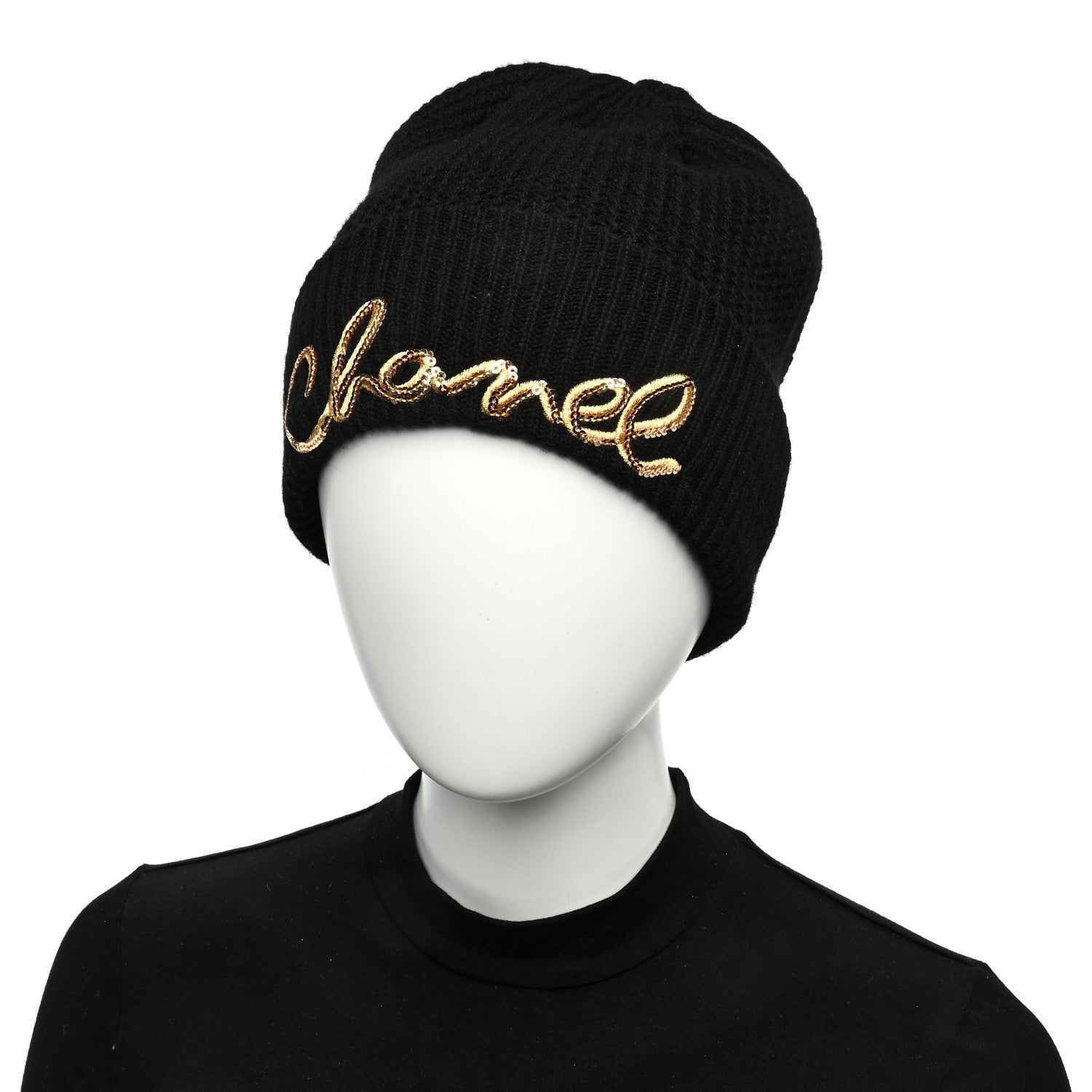 Chanel Cashmere Sequin Logo Beanie Hat Black Gold 2 of 9