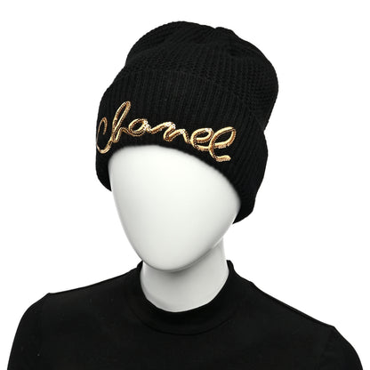 Chanel Cashmere Sequin Logo Beanie Hat Black Gold 2 of 9