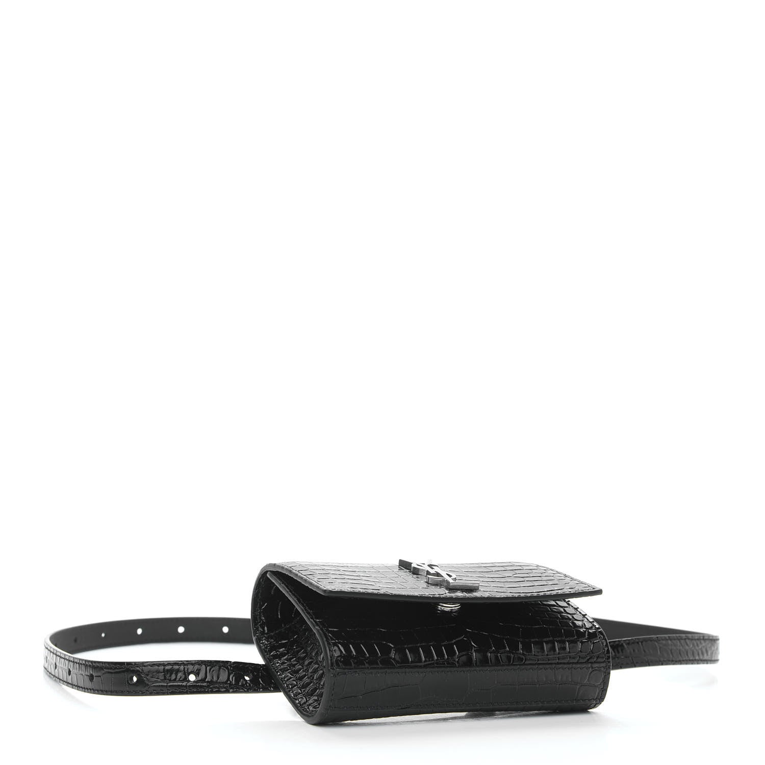 Saint Laurent Calfskin Crocodile Embossed Monogram Kate Belt Bag Black 4 of 10