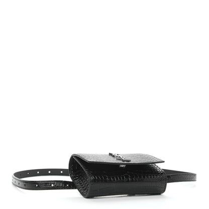 Saint Laurent Calfskin Crocodile Embossed Monogram Kate Belt Bag Black 4 of 10