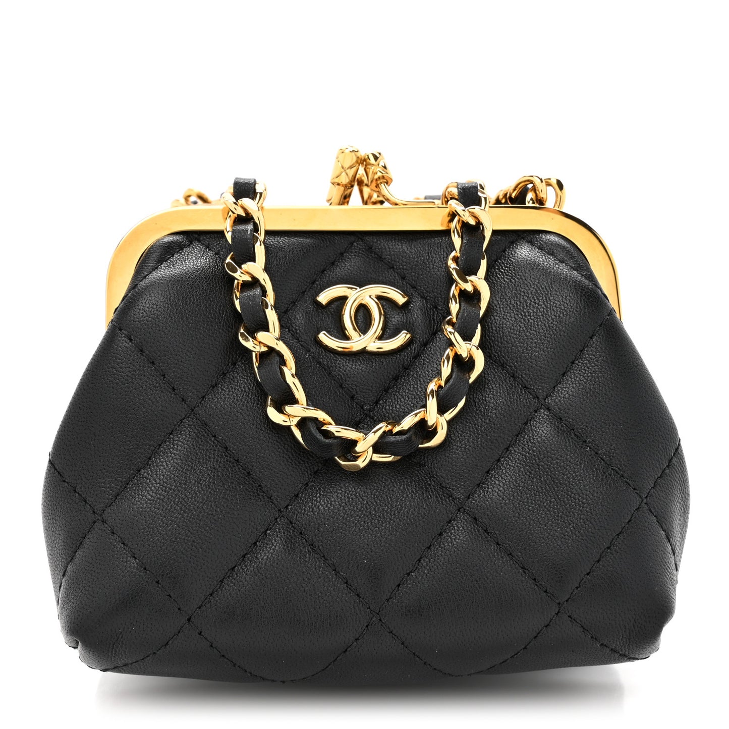 Lambskin Quilted Trio Kiss Lock Clutch With Chain Black