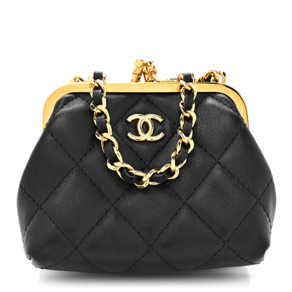 Chanel Lambskin Quilted Trio Kiss Lock Clutch With Chain Black 1 of 13