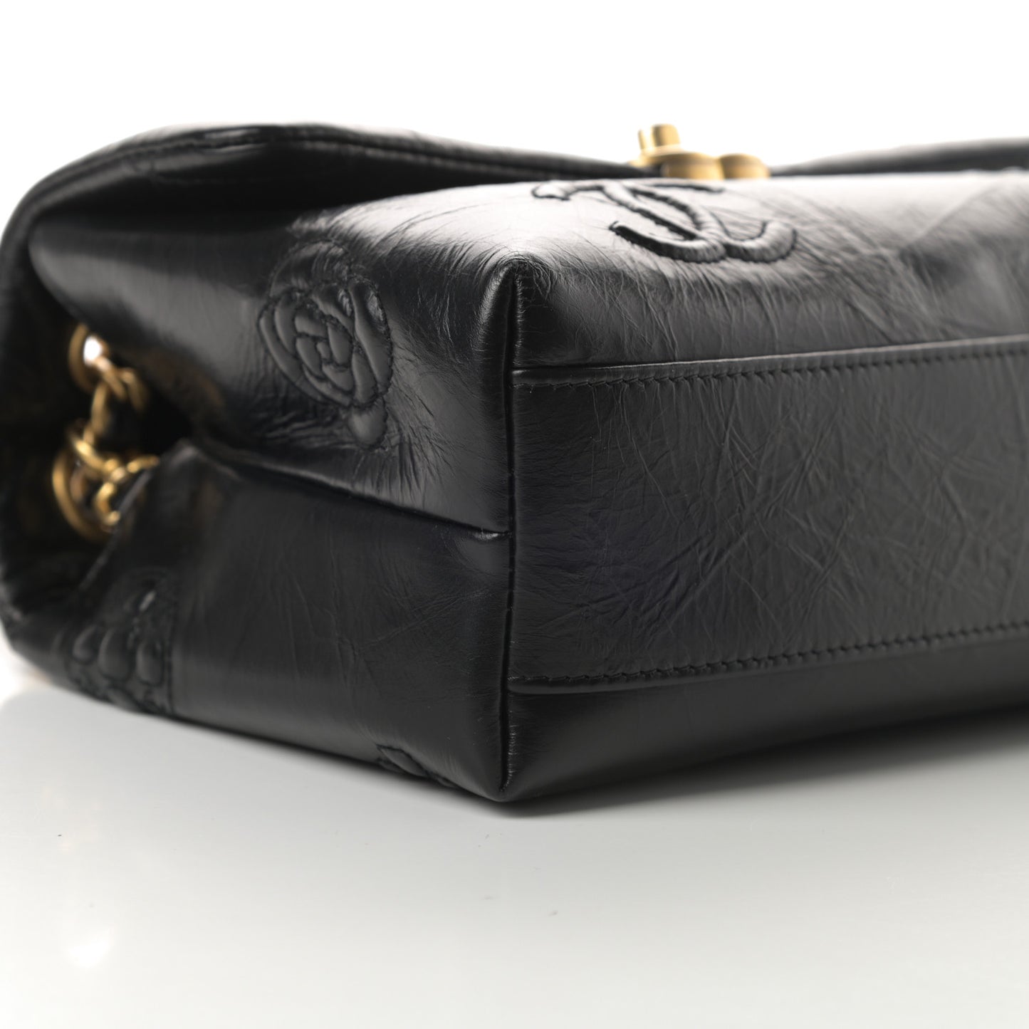 Aged Calfskin Embossed Camellia Flap Black