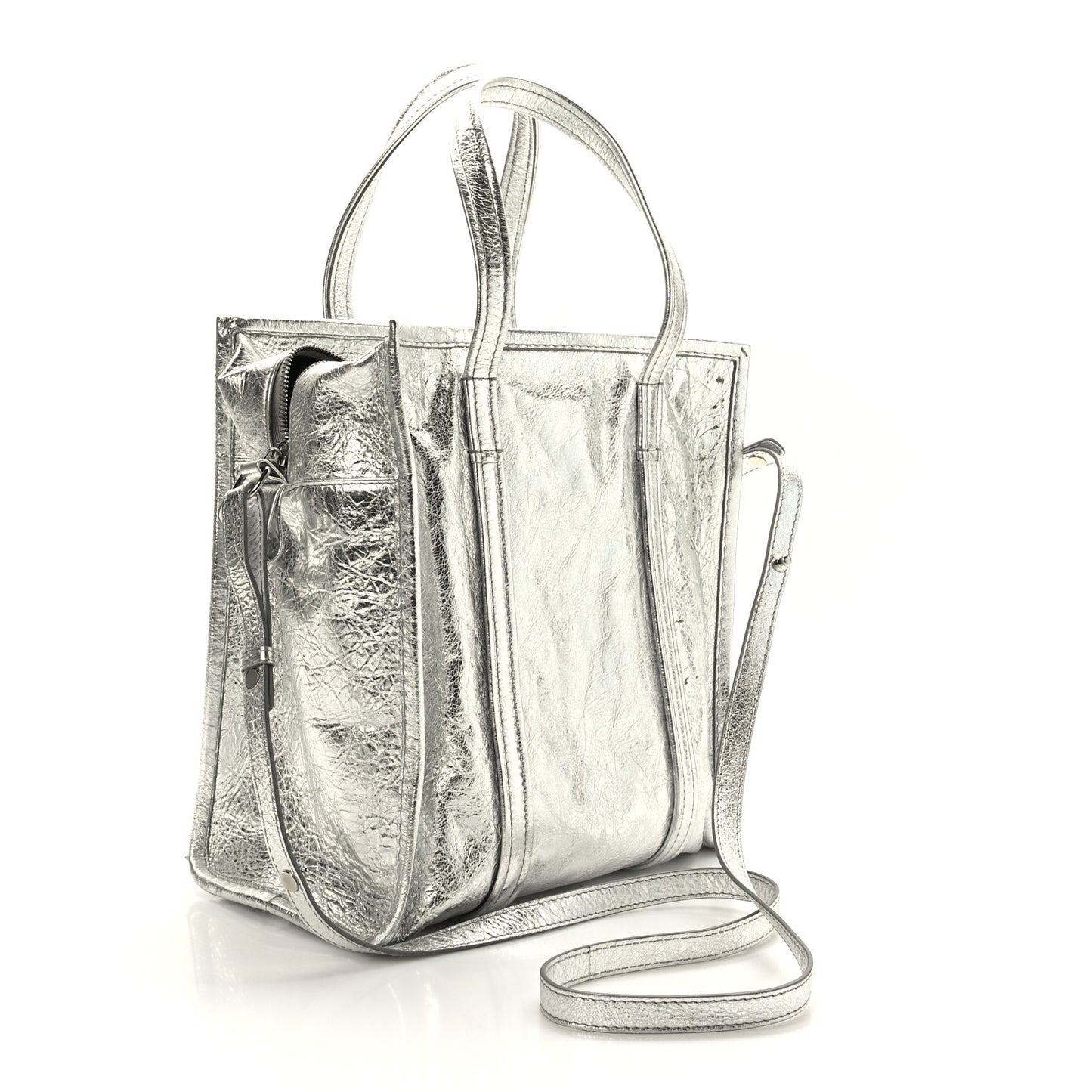 Metallic Calfskin S Bazar Shopper Tote Silver Hardware