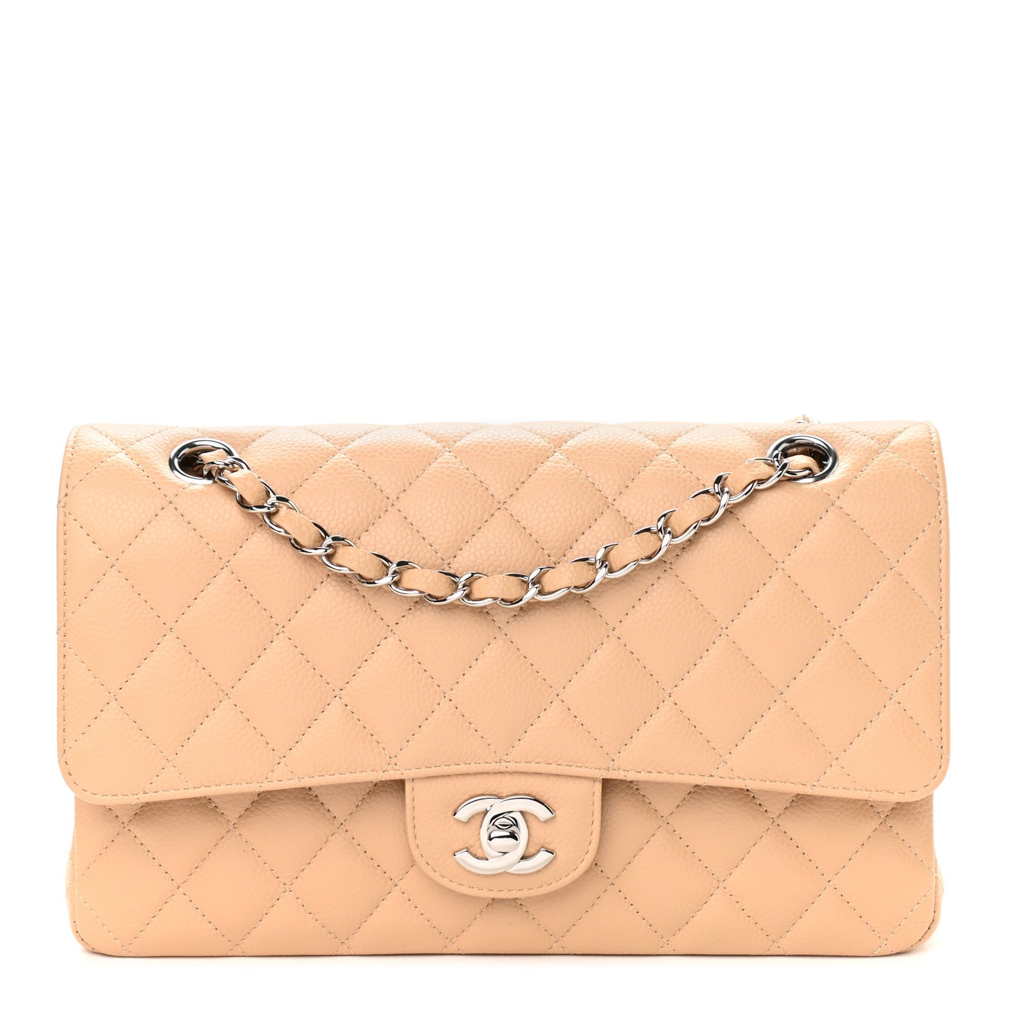 Caviar Quilted Medium Double Flap Beige
