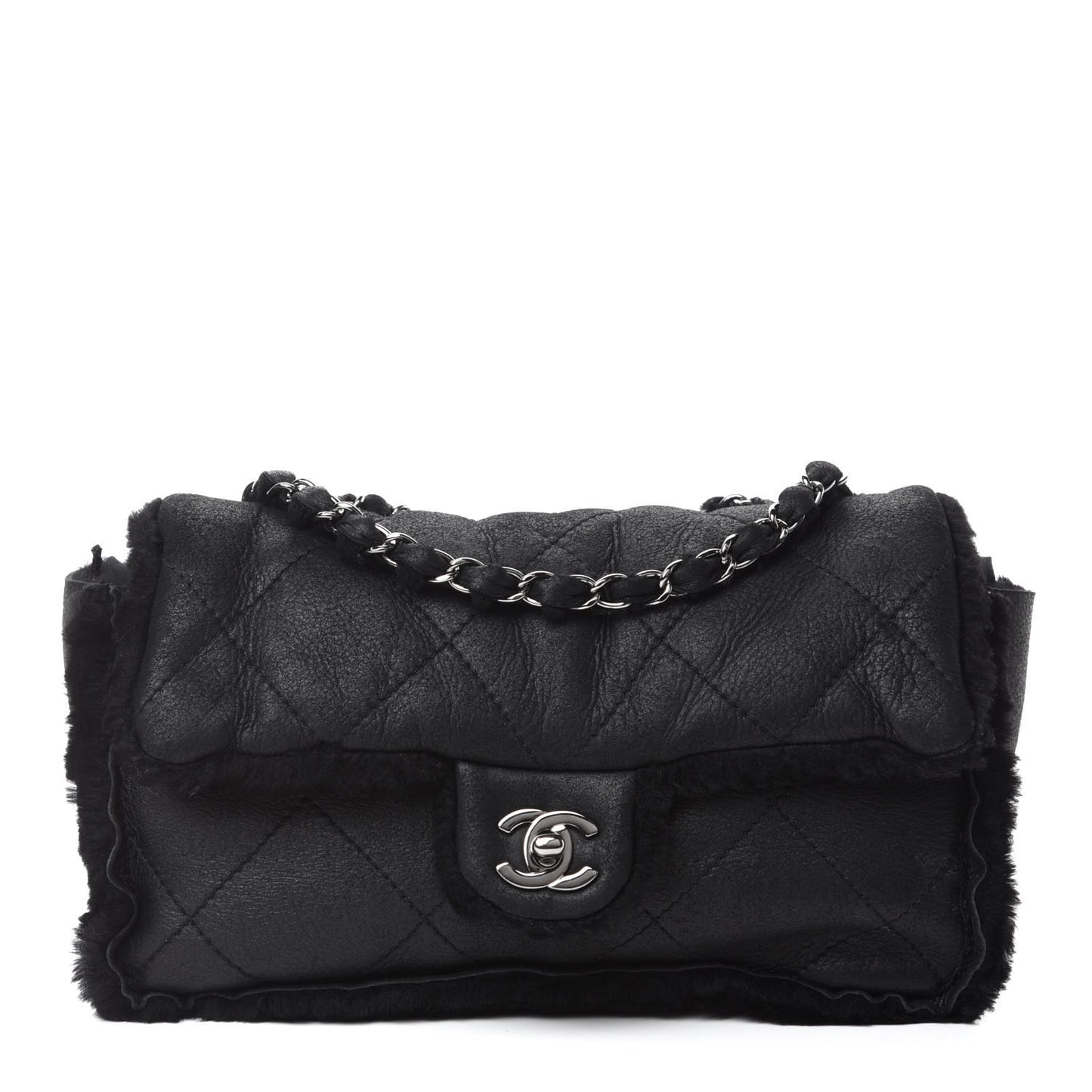 Shearling Quilted Medium Single Flap Black