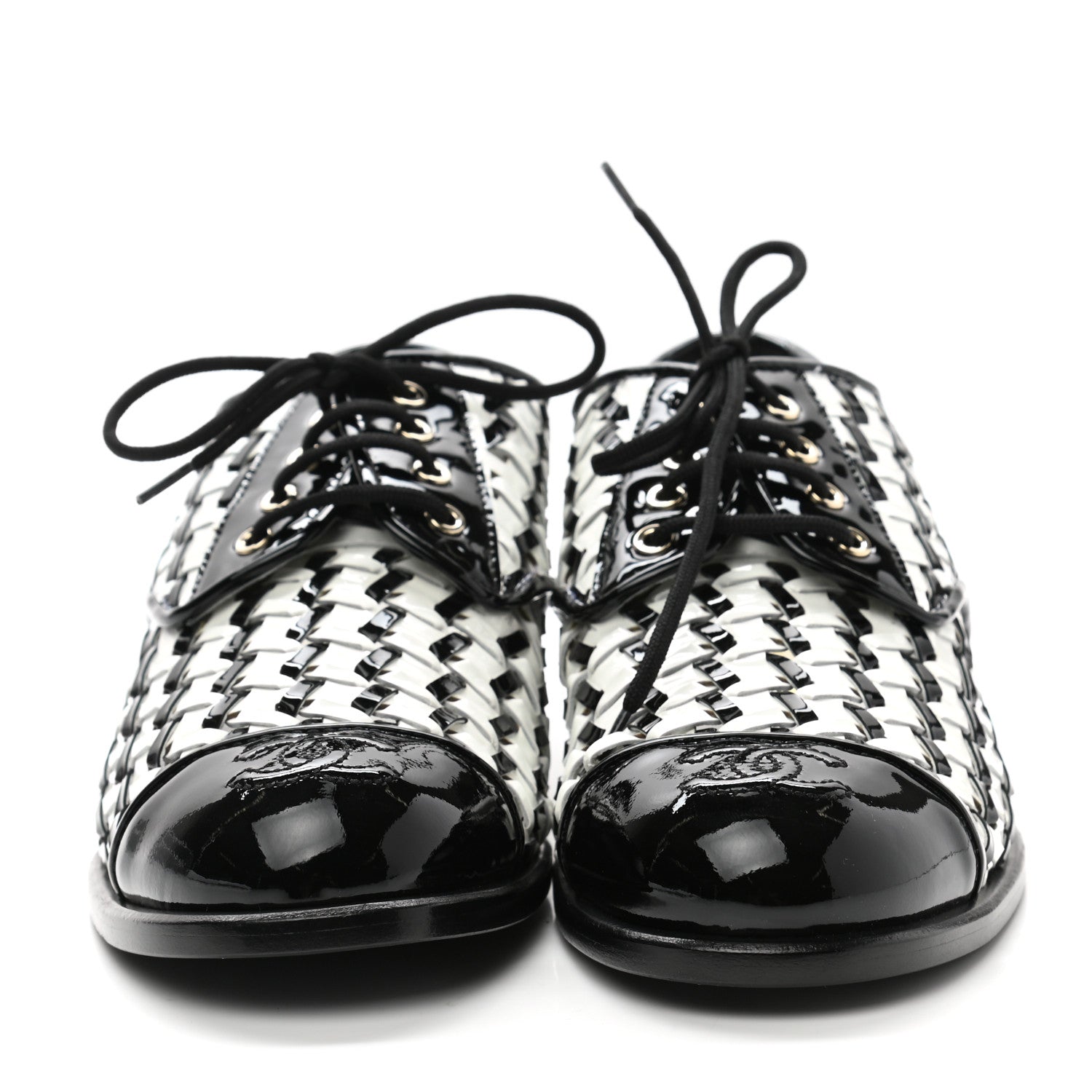 Chanel Lambskin Braided Patent CC Lace Up Oxfords 39 Black White 2 of 9