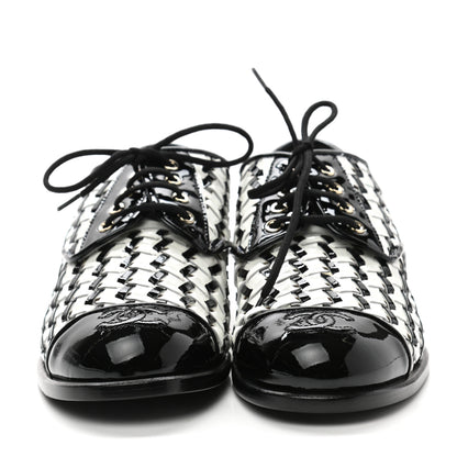 Chanel Lambskin Braided Patent CC Lace Up Oxfords 39 Black White 2 of 9