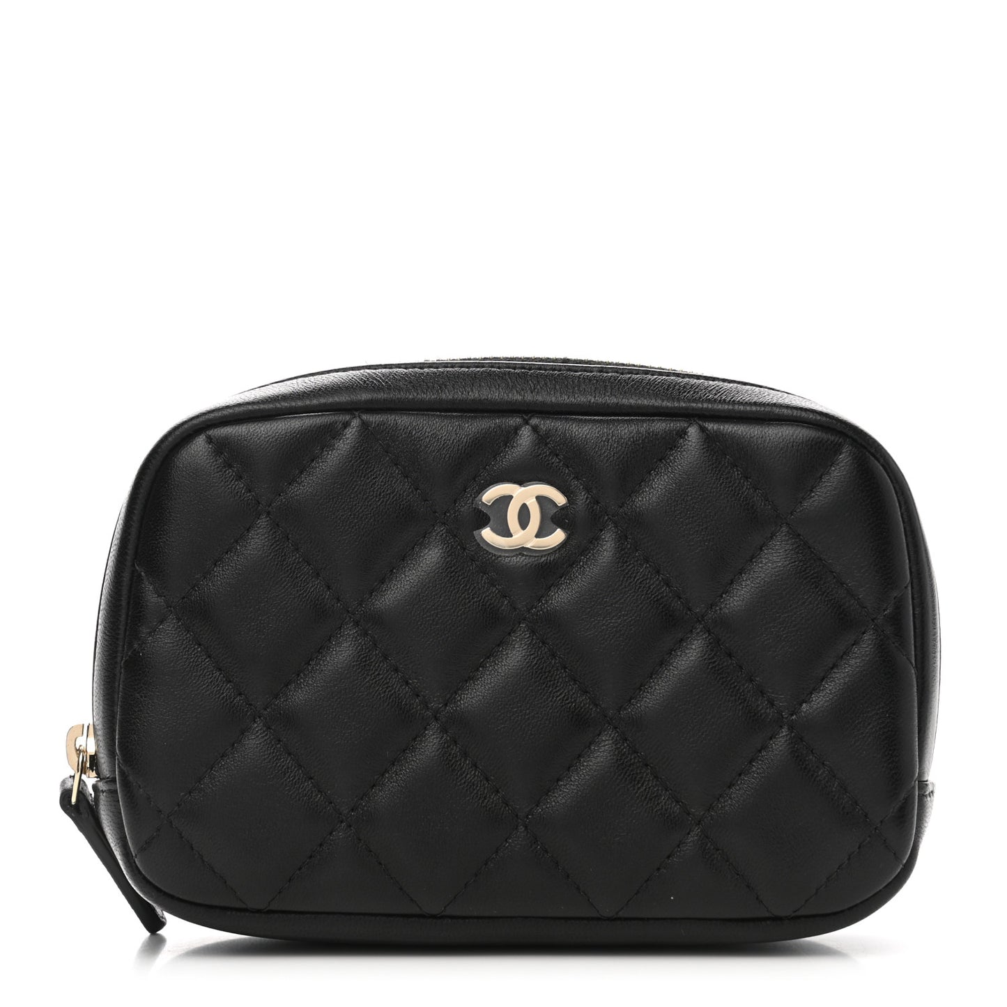 Lambskin Quilted Small Curvy Pouch Cosmetic Case Black